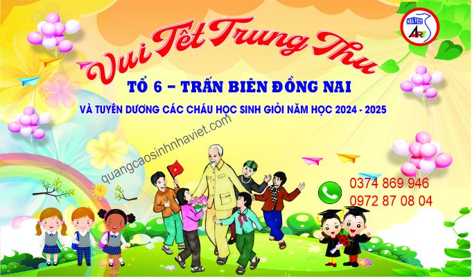 Backdrop Tết Trung Thu tổ 6 Trấn Biên Đồng Nai với hình ảnh các em học sinh vui chơi cùng ông đồ, hoa và bóng bay màu sắc tươi sáng
